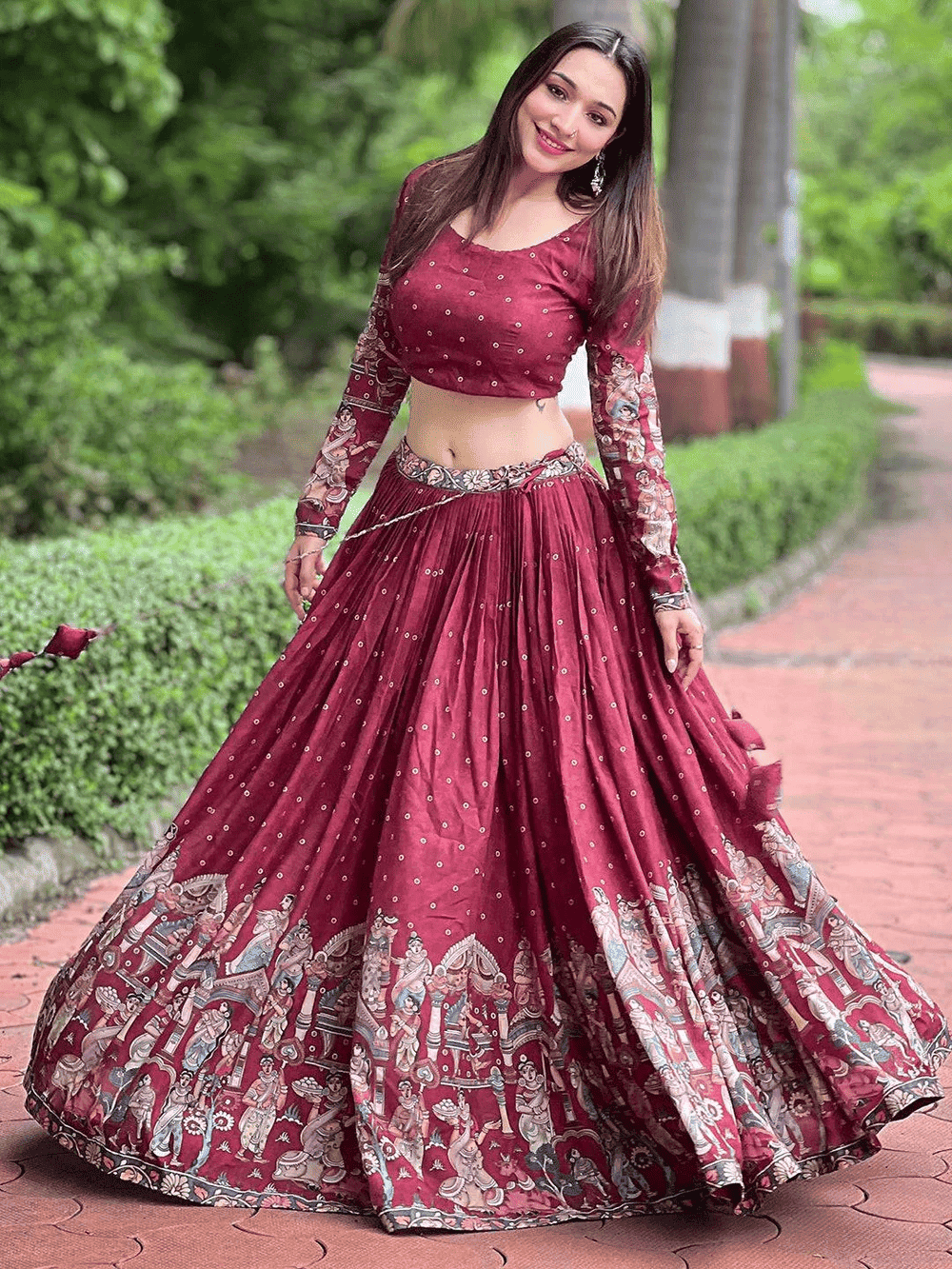 Deep maroon Kalamkari lehenga