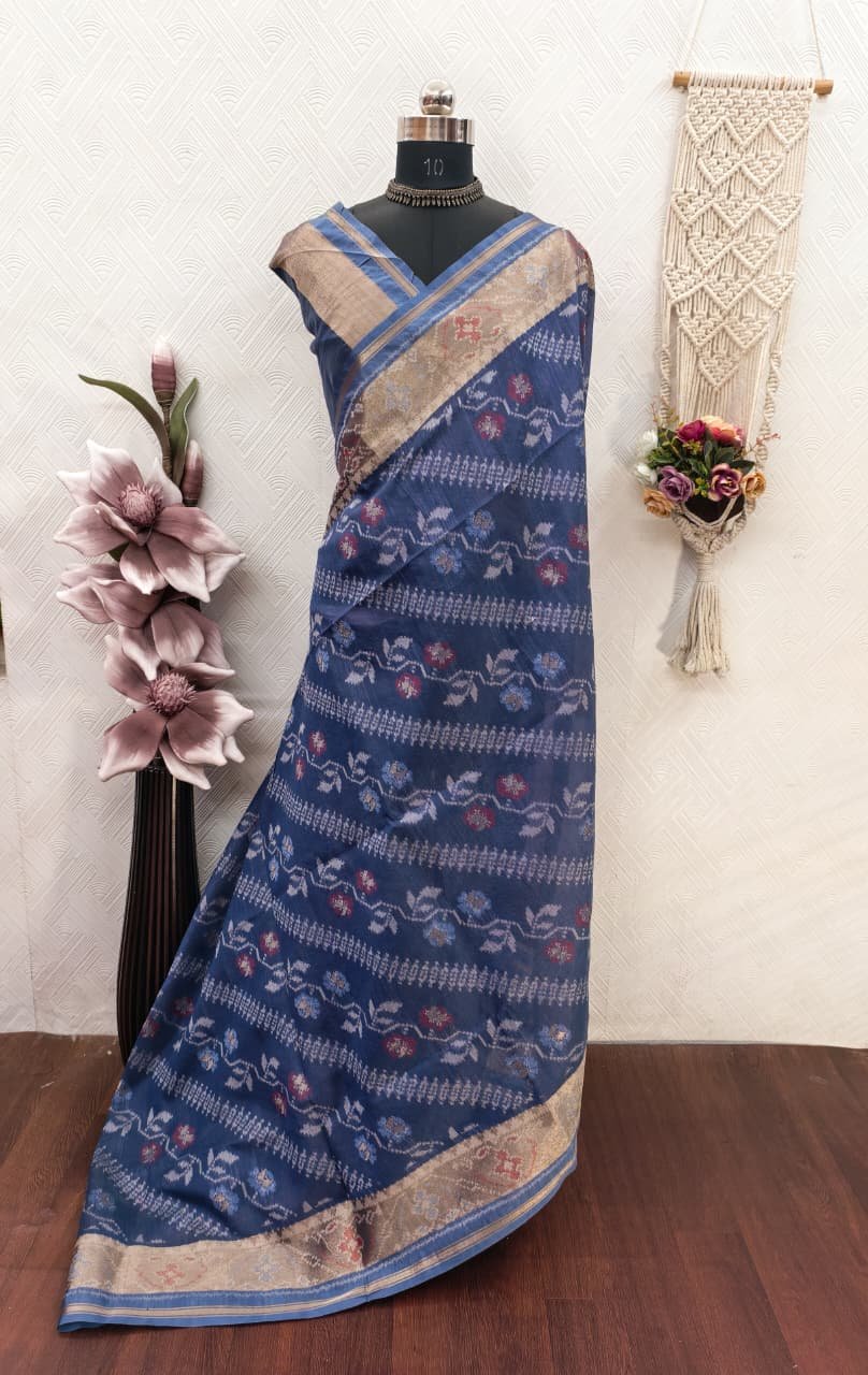 Soft Desi Raw Silk saree with pochampali ikkat concept image 12