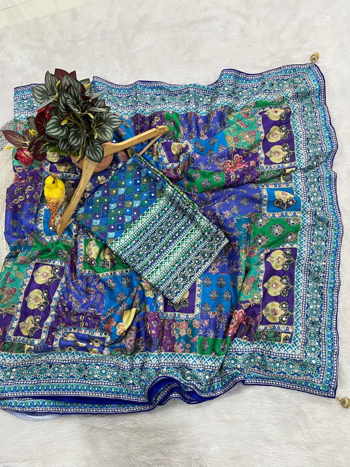 Designer Kalamkari Printed Saree with Real Mirror with Hand Embroidery Work image 7