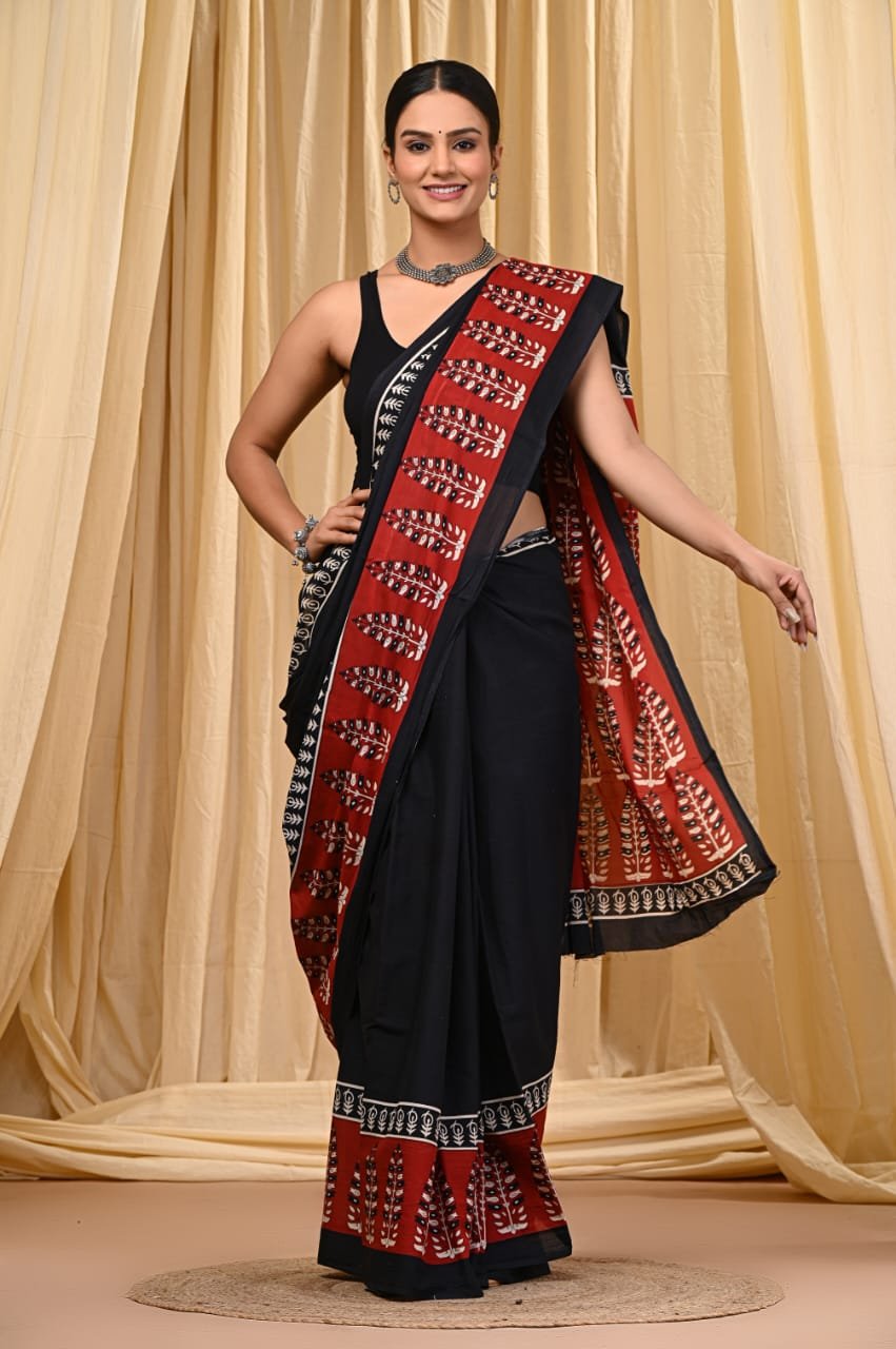 Hand Block Printed Cotton Mul Sarees Black and White image 11