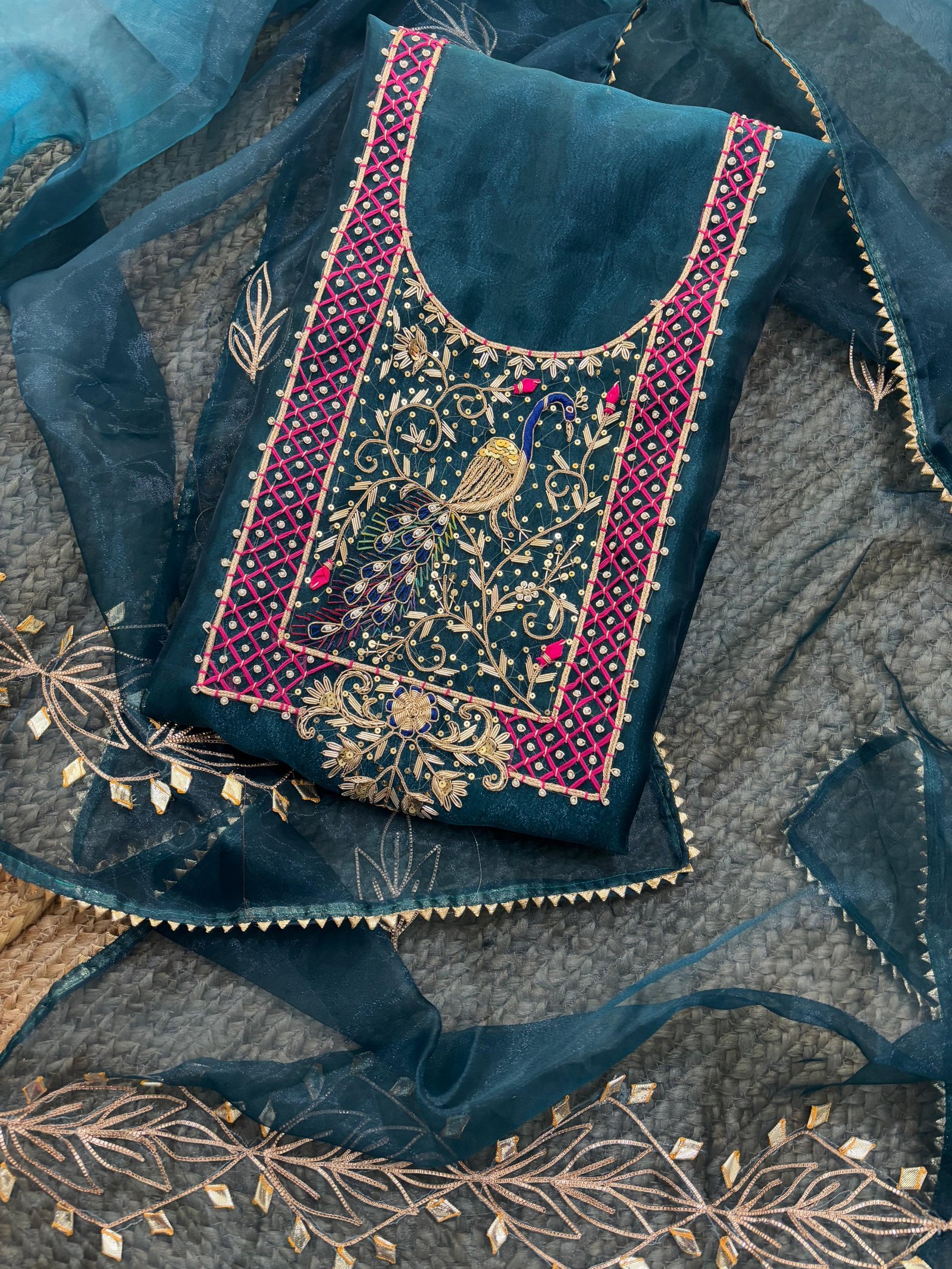 Peacock Embroidered Organza Dress Material
