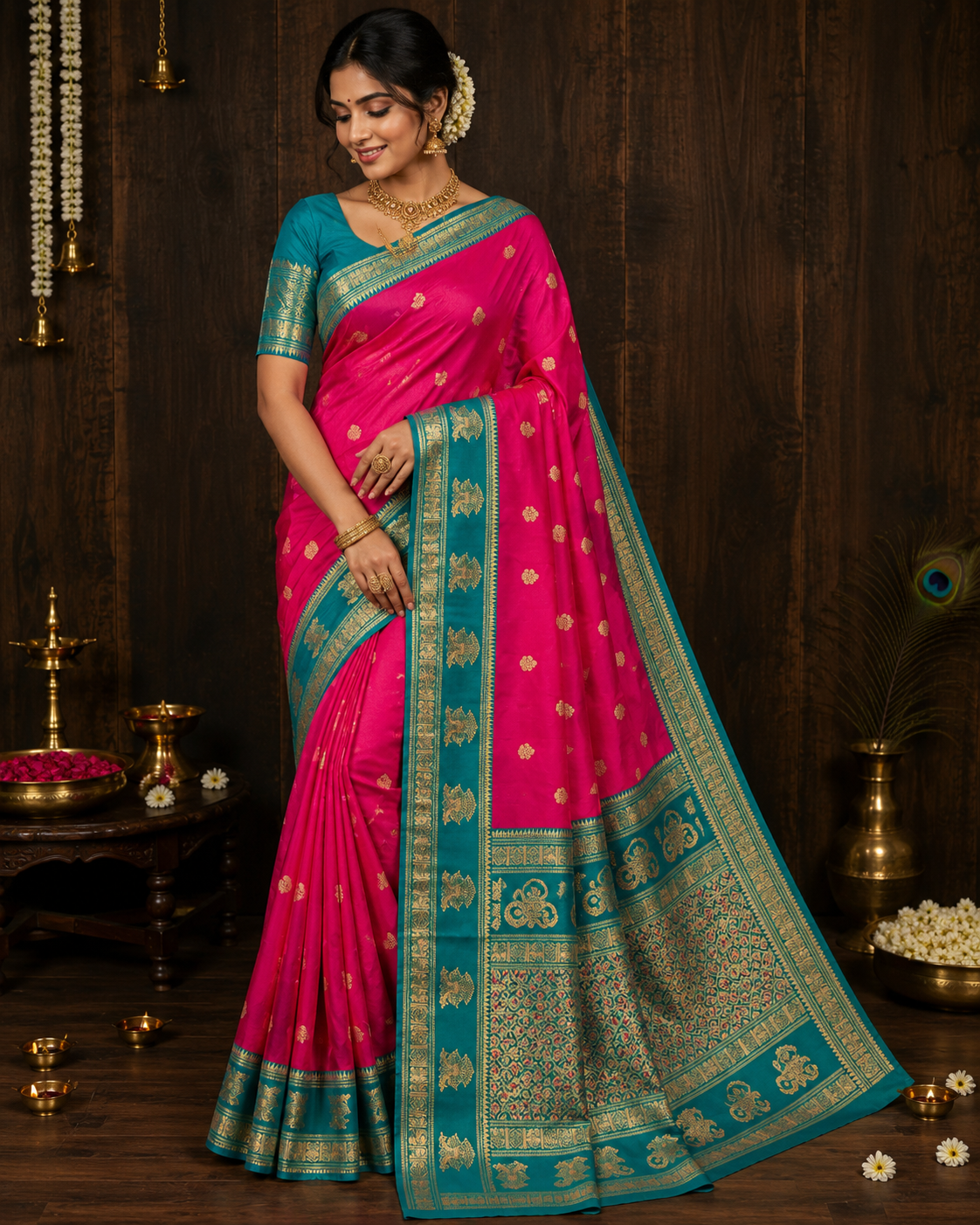 Gadwal Style Meenakari Pallu Semi Silk Sarees image 13