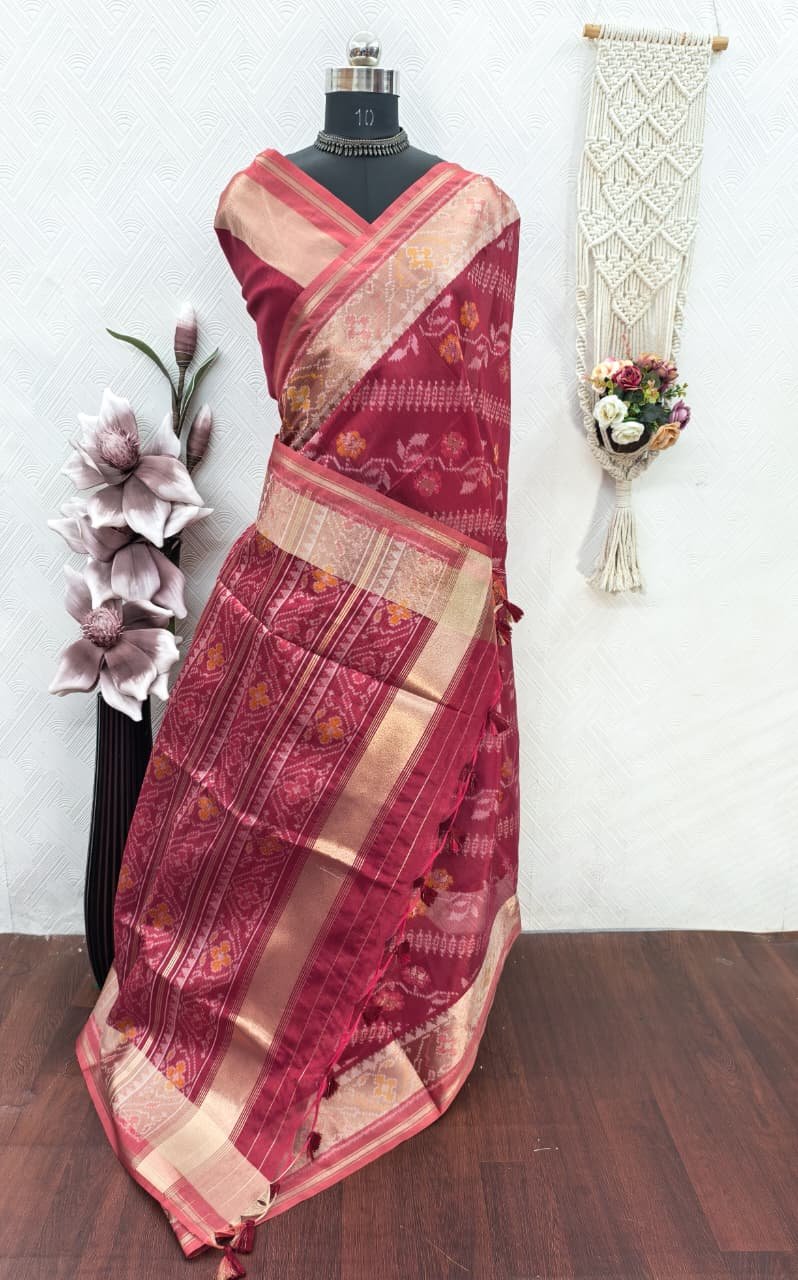 Soft Desi Raw Silk saree with pochampali ikkat concept image 10