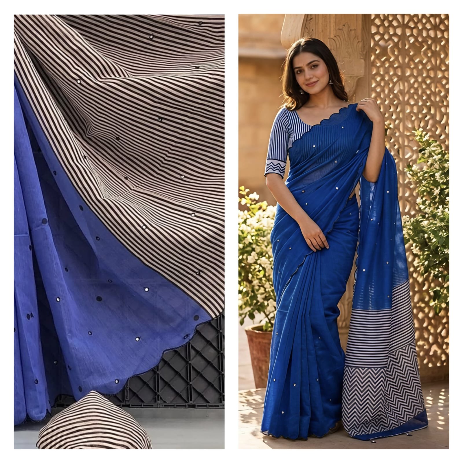 Linen Saree with Striped Pallu and Mirror Work Sarees image 15