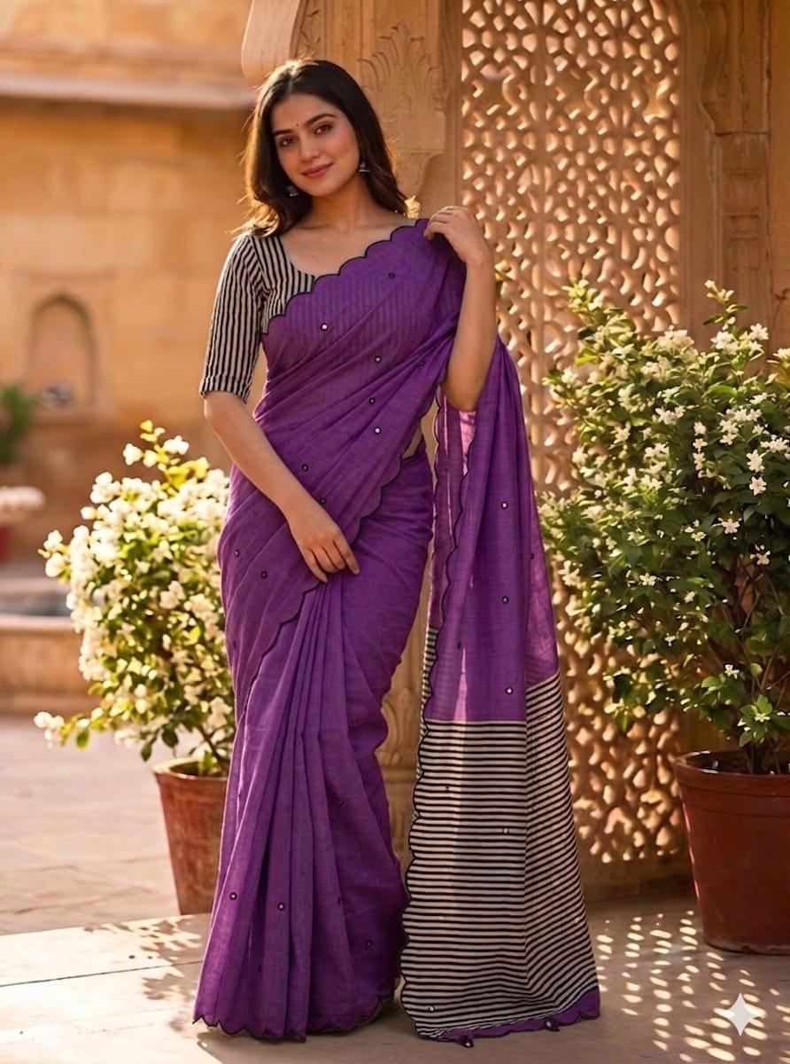 Linen Saree with Striped Pallu and Mirror Work Sarees image 8