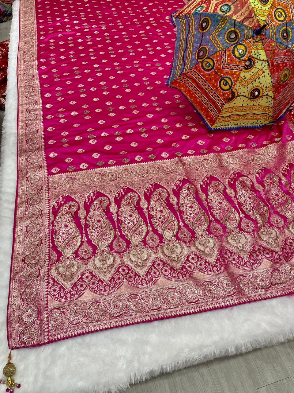 Bridal Satin Silk Saree With Stone Work And Dupatta