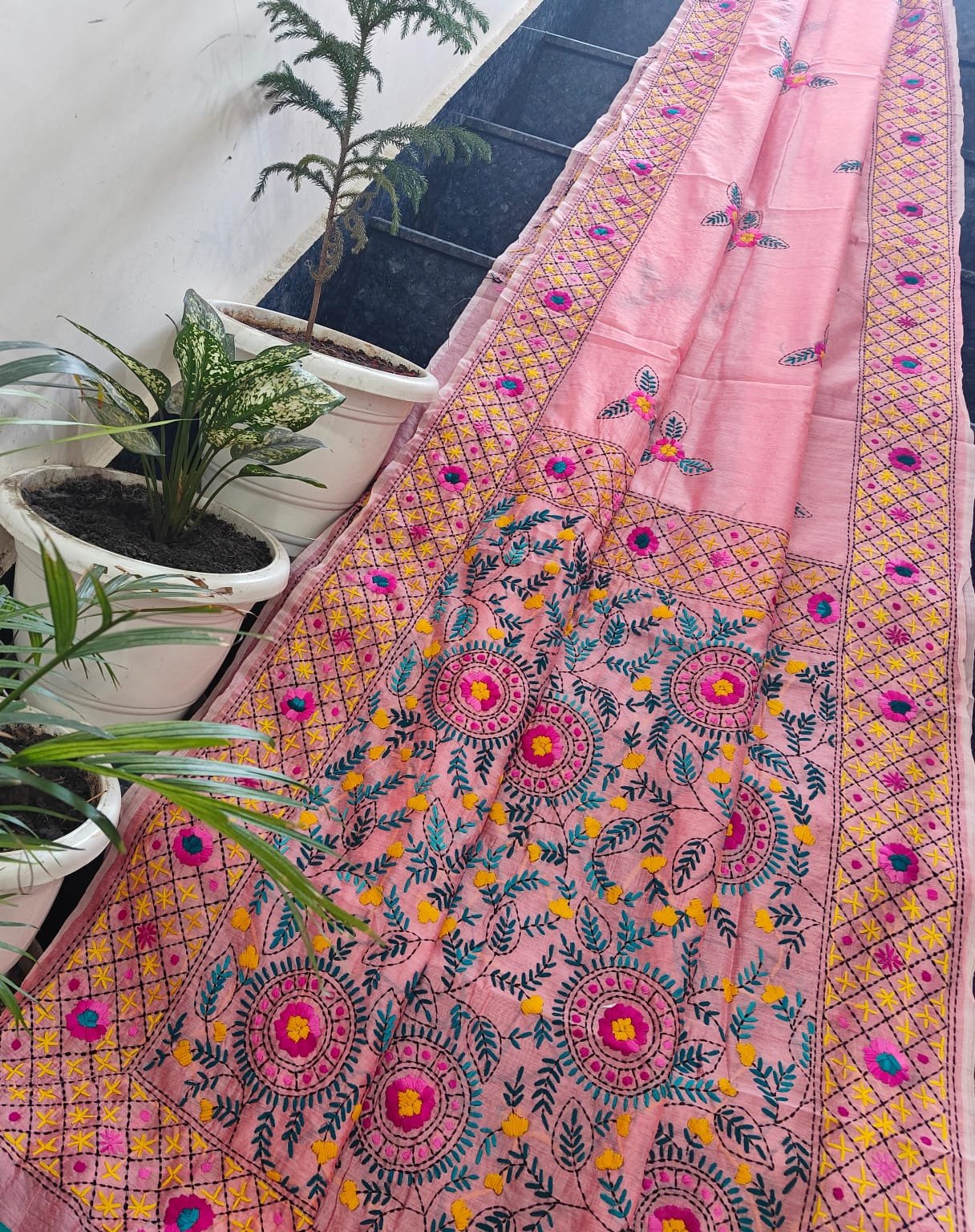 3 Linen Chanderi Saree Fulkari work