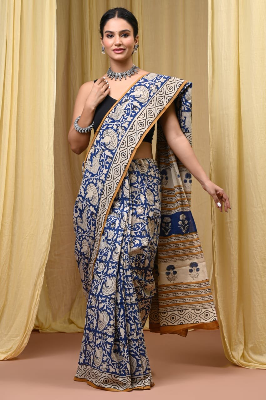 Hand Block Printed Cotton Mul Sarees Indigo Blue image 4