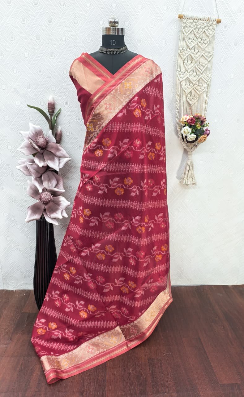 Soft Desi Raw Silk saree with pochampali ikkat concept image 11