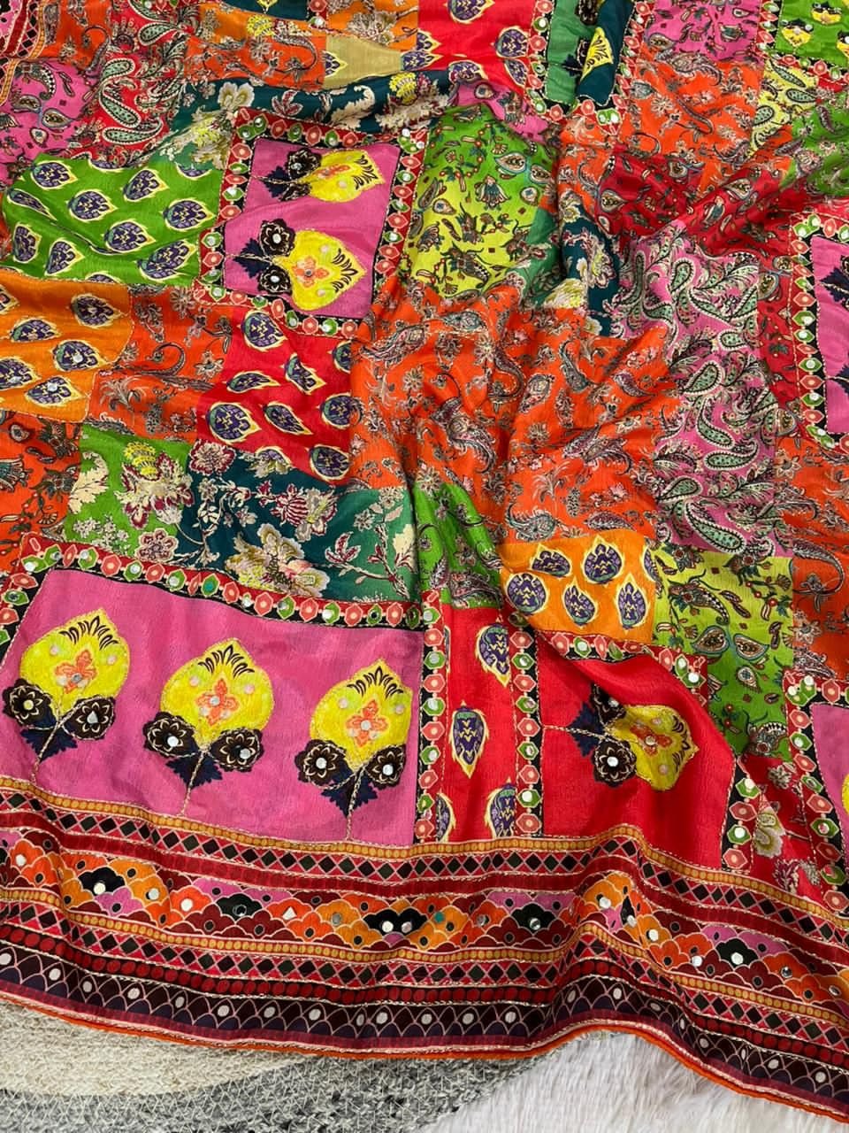 Designer Kalamkari Printed Saree with Real Mirror with Hand Embroidery Work image 4