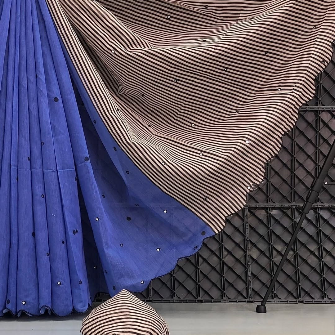 Linen Saree with Striped Pallu and Mirror Work Sarees image 13