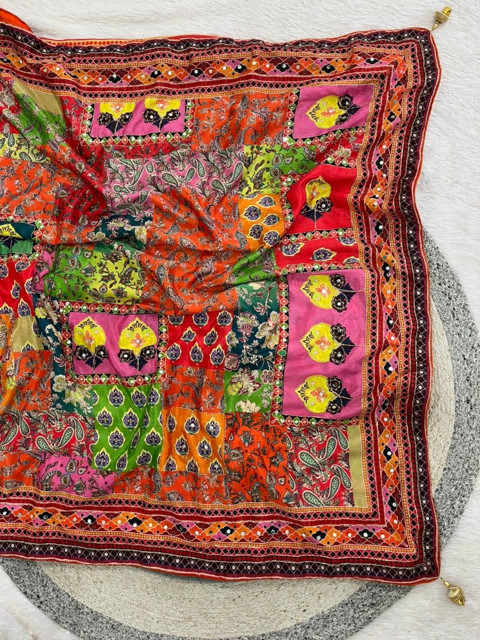 Designer Kalamkari Printed Saree with Real Mirror with Hand Embroidery Work image 2