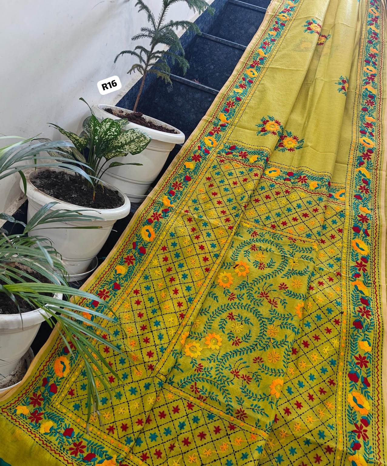 4 Linen Chanderi Saree Fulkari work image 19