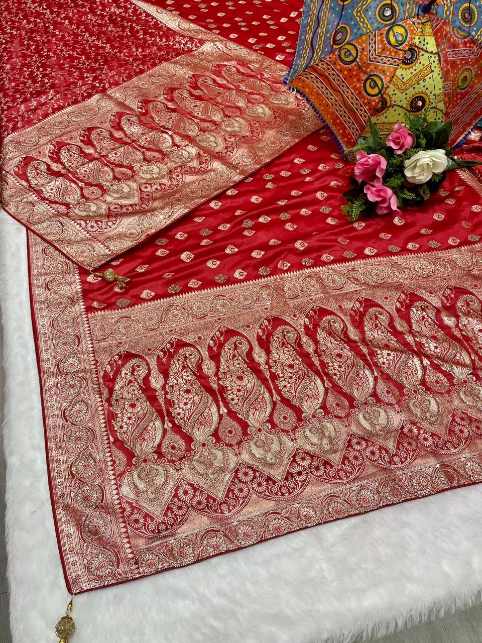 Bridal Satin Silk Saree With Stone Work And Dupatta image 3