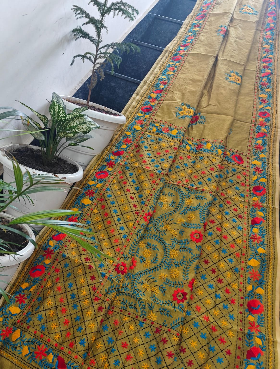 3 Linen Chanderi Saree Fulkari work image 5