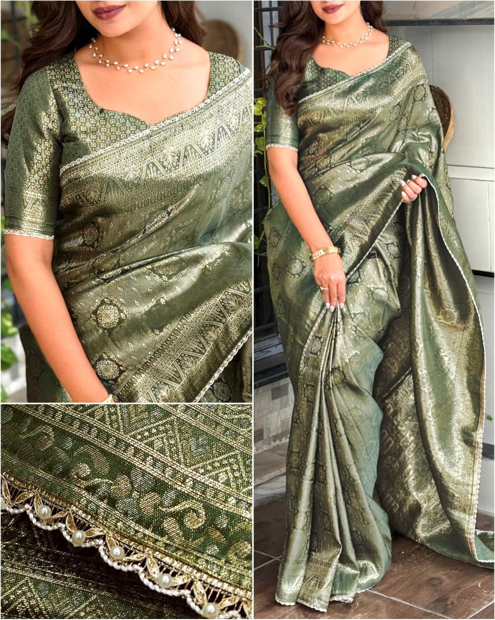 Satin Jacquard Silk Saree with Pearl Border image 5