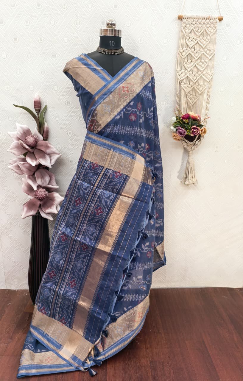 Soft Desi Raw Silk saree with pochampali ikkat concept image 13