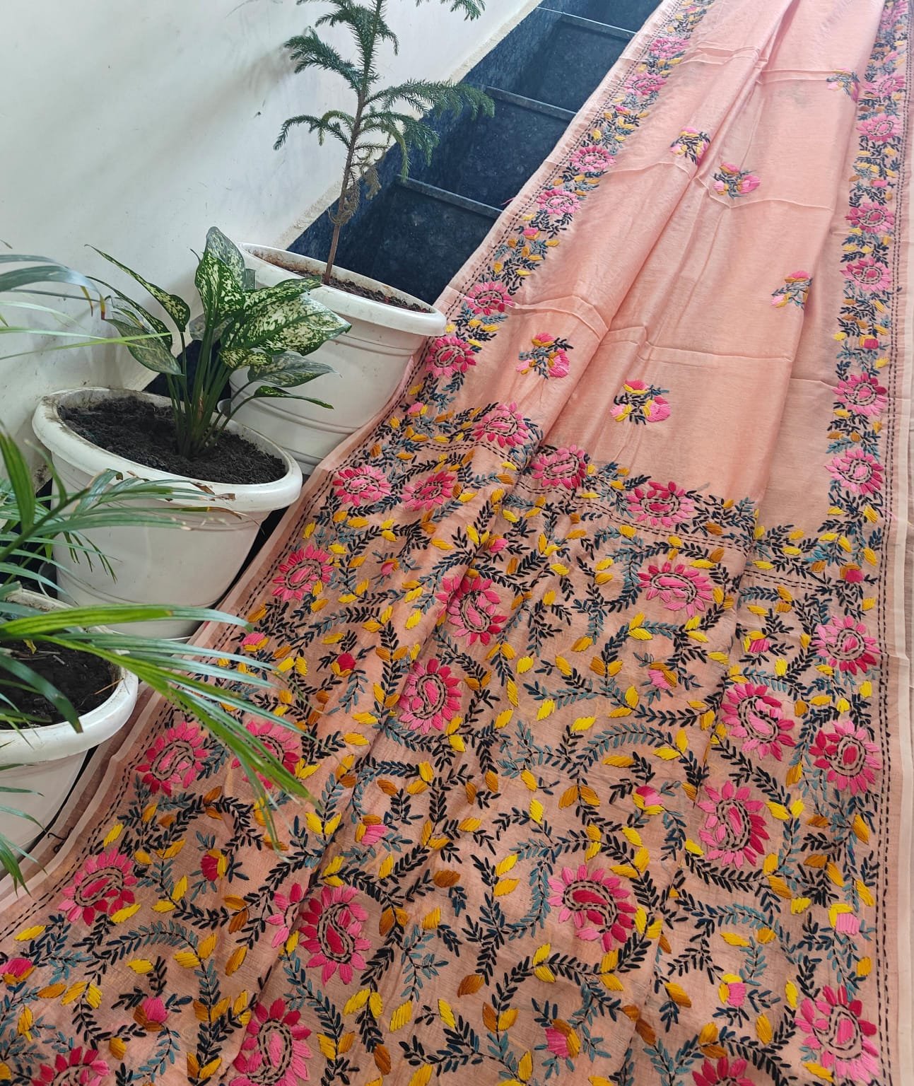 3 Linen Chanderi Saree Fulkari work image 7