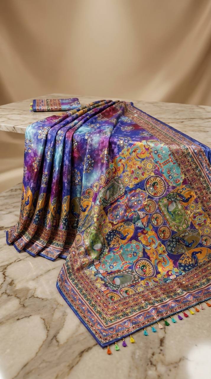 Designer Digital Printed Saree with Real Mirror with Hand Embroidery Work image 4
