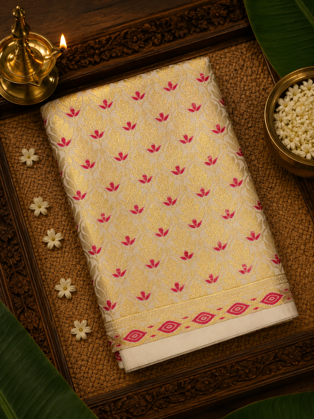 Kerala Kasavu Saree Aqua Soft Red image 3