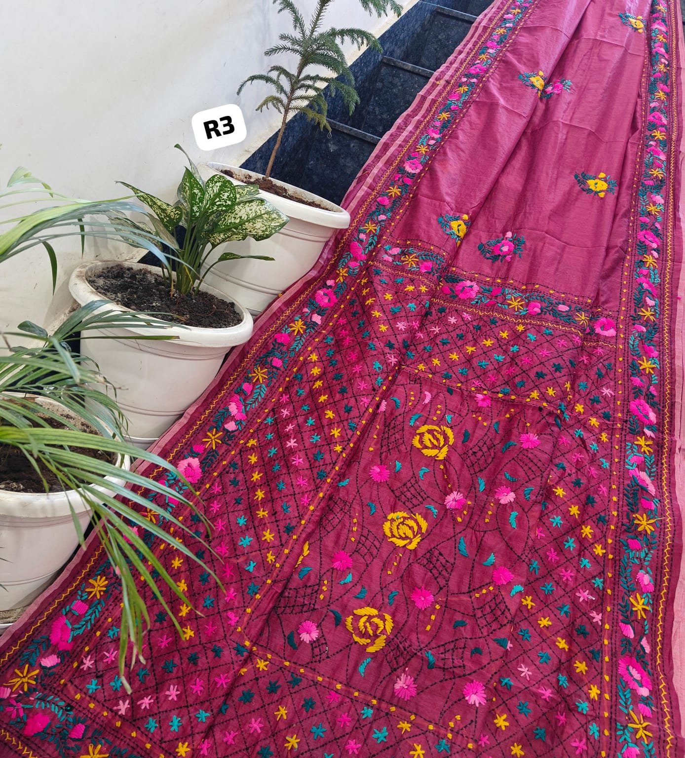 4 Linen Chanderi Saree Fulkari work image 11