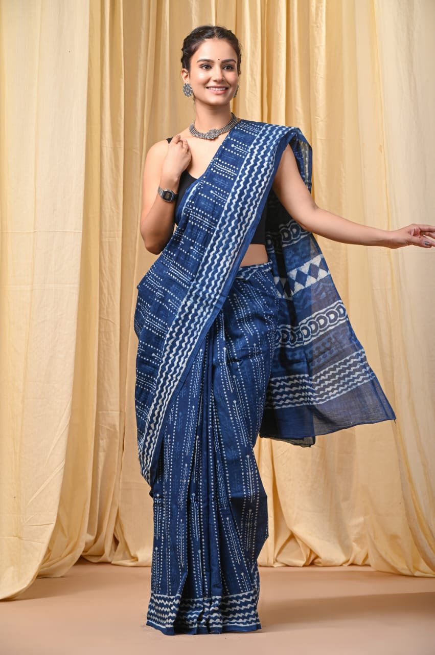 Hand Block Printed Cotton Mul Sarees Indigo Blue image 14
