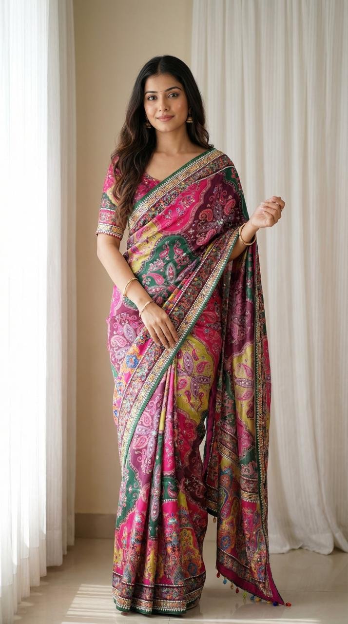 1 Roman Silk With Digital Print And All Saree Real Mirror Work image 9