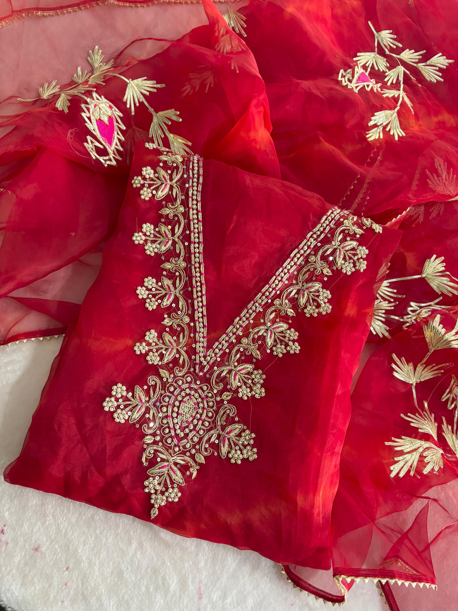 V-Neck Organza with Zardogi Handwork Dress Material