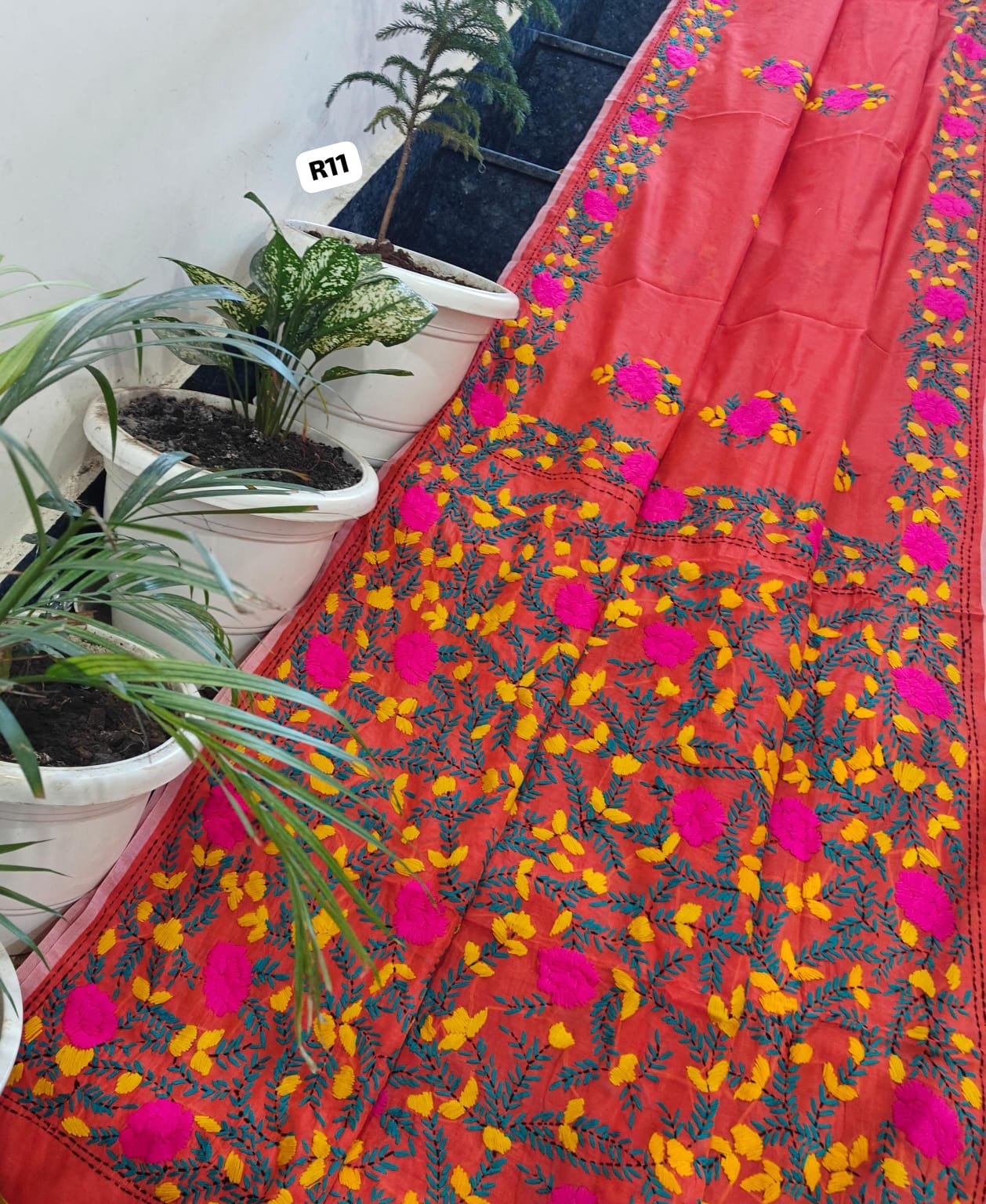 4 Linen Chanderi Saree Fulkari work image 14