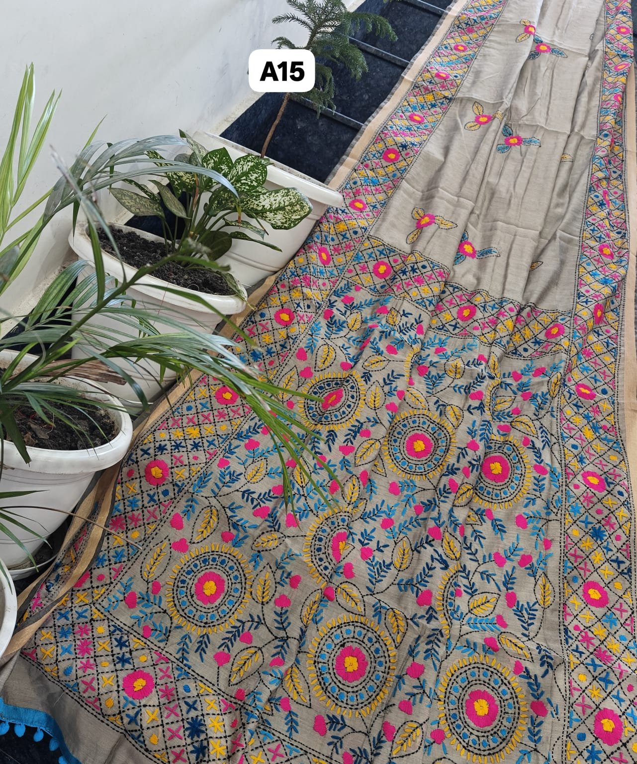 4 Linen Chanderi Saree Fulkari work image 10