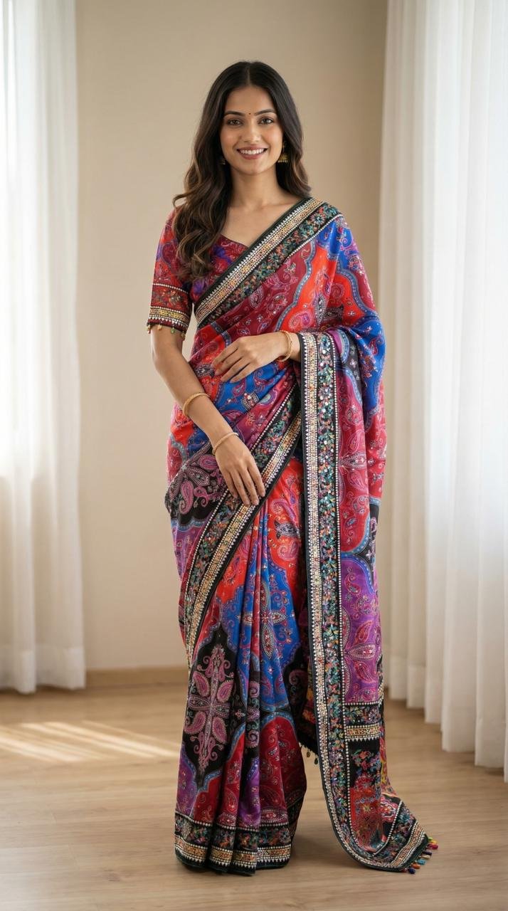1 Roman Silk With Digital Print And All Saree Real Mirror Work image 7