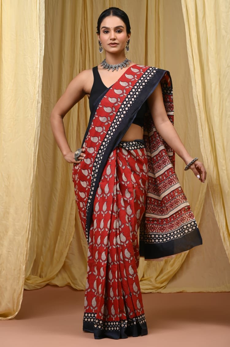 Hand Block Printed Cotton Mul Sarees Red image 13