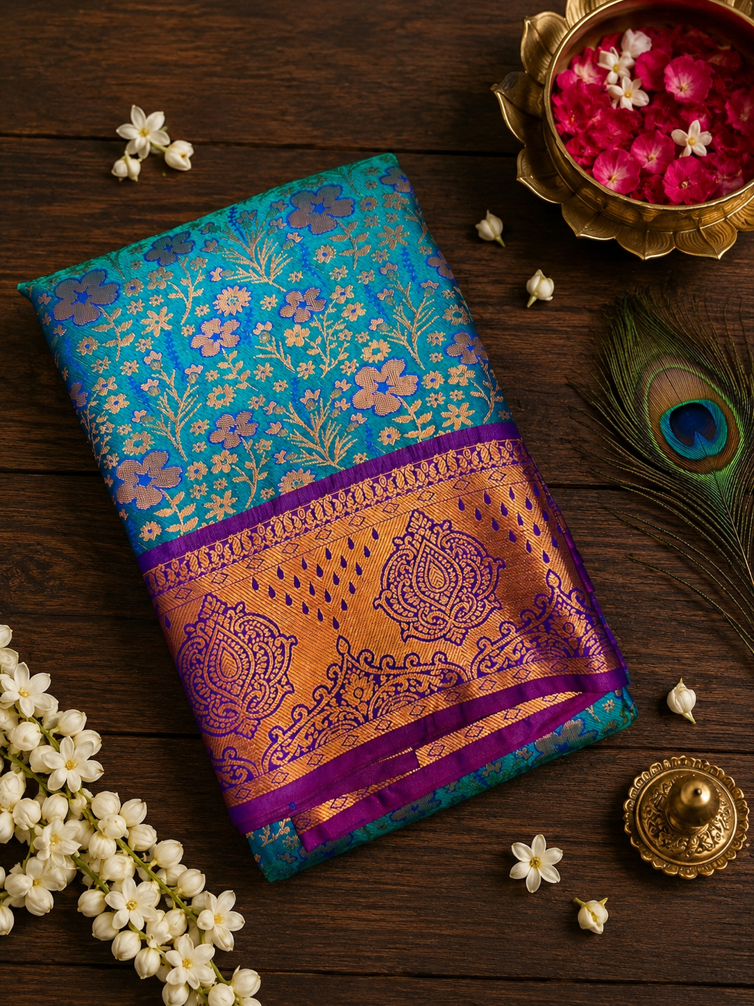 Peacock Tone Semi Silk Sarees image 2