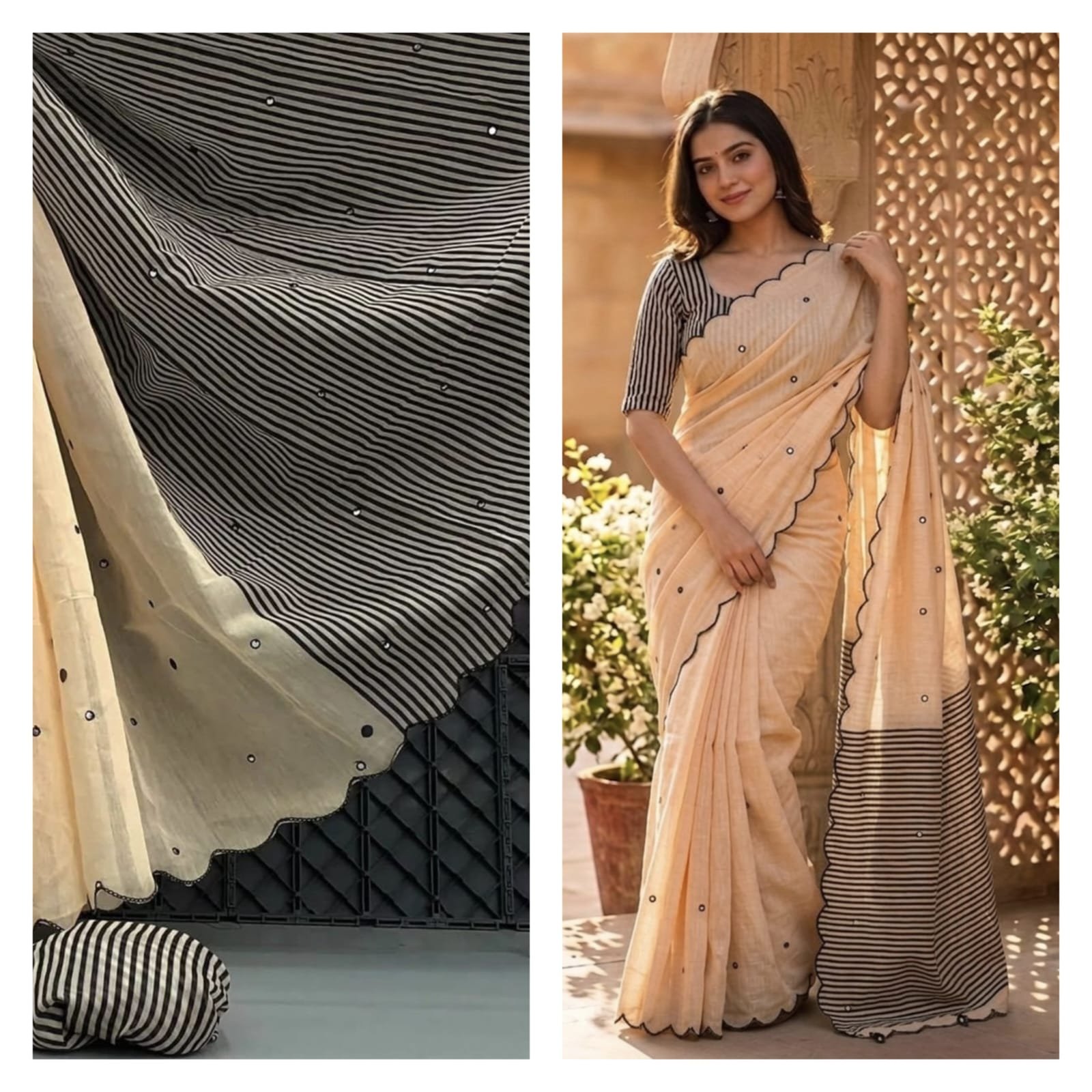 Linen Saree with Striped Pallu and Mirror Work Sarees image 4