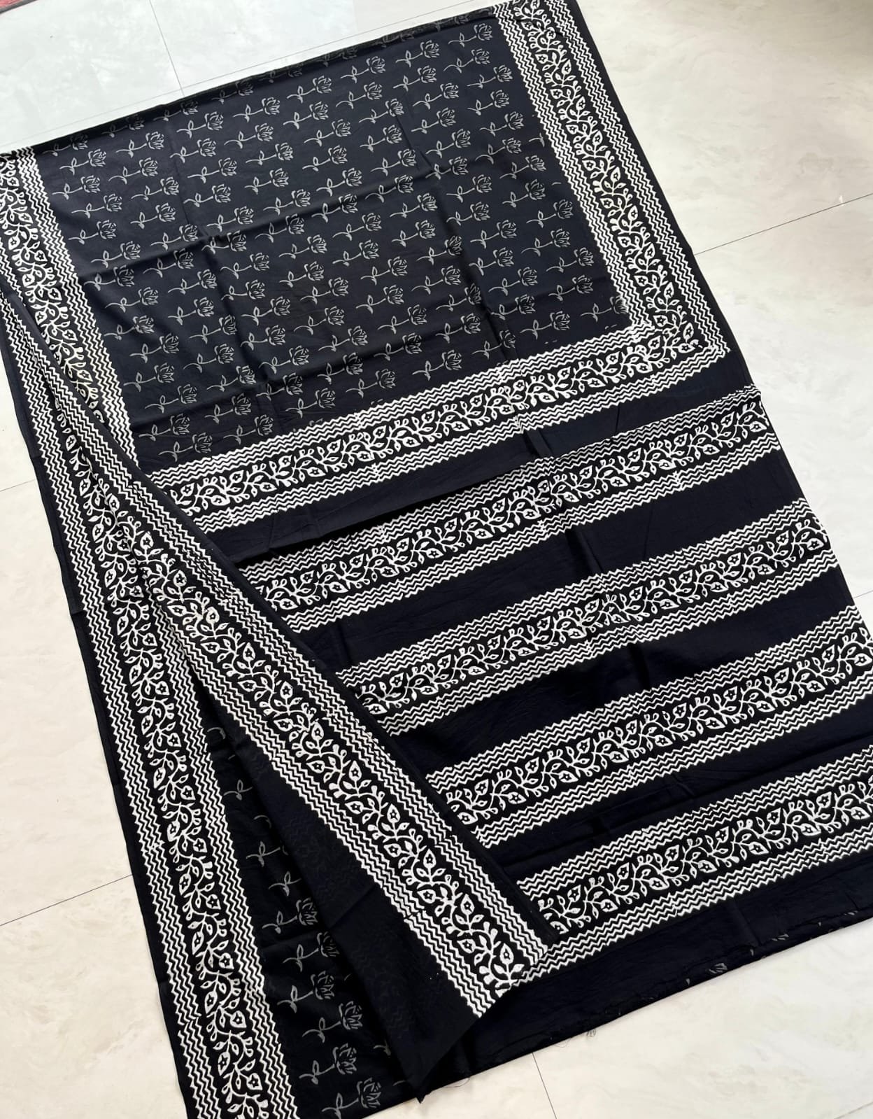 Hand Block Printed Cotton Mul Sarees Black and White image 18