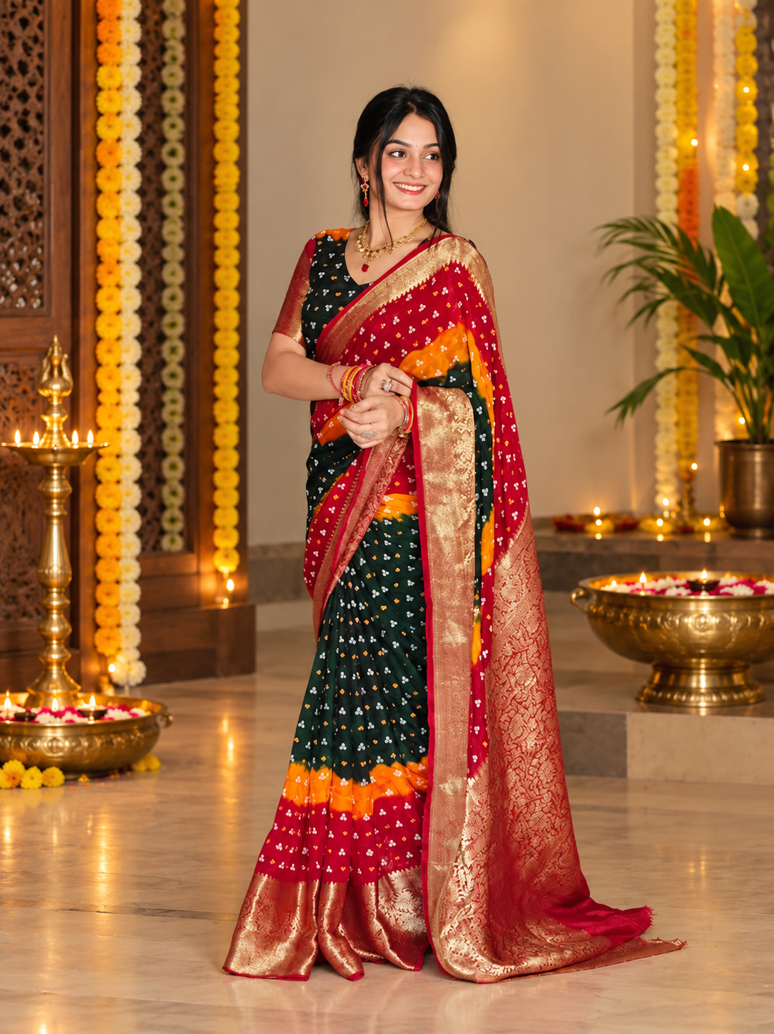 New Kanjivaram Bandhani Teen Dani Saree image 2