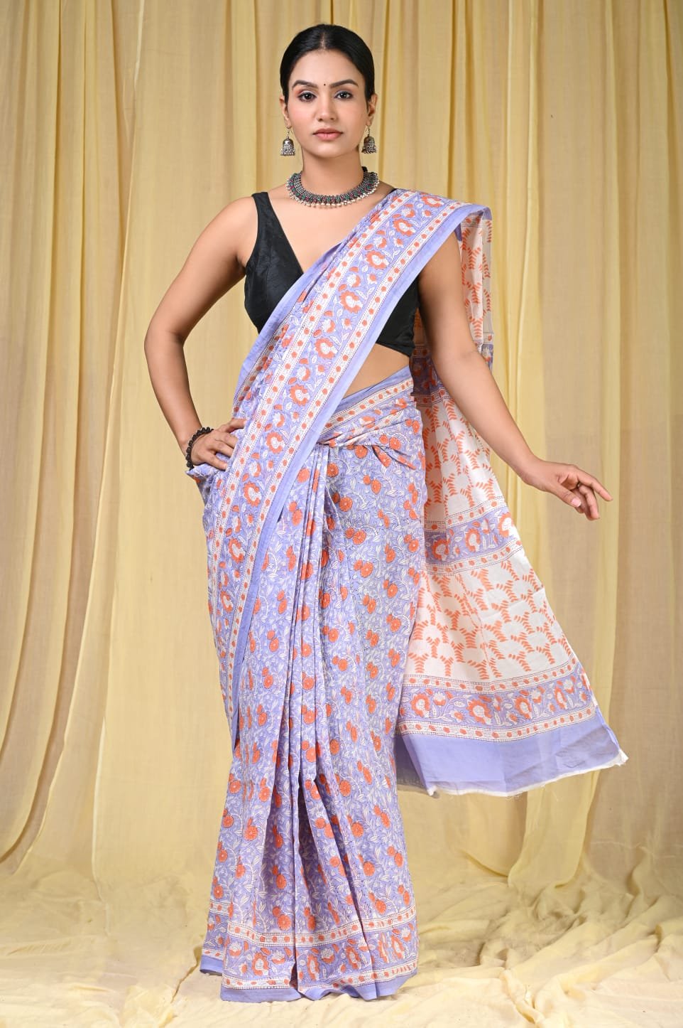 Hand block printed cotton mul Sarees Pastel image 4