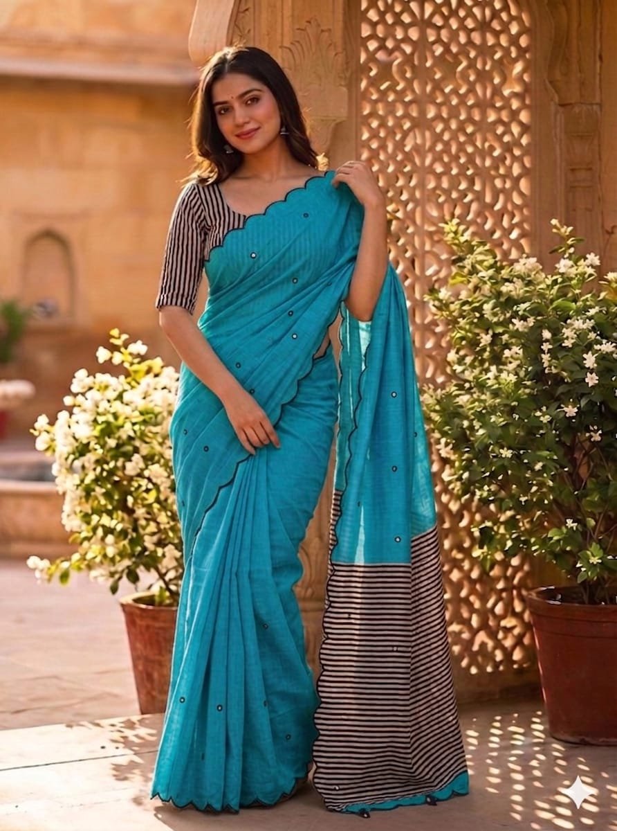 Linen Saree with Striped Pallu and Mirror Work Sarees image 18