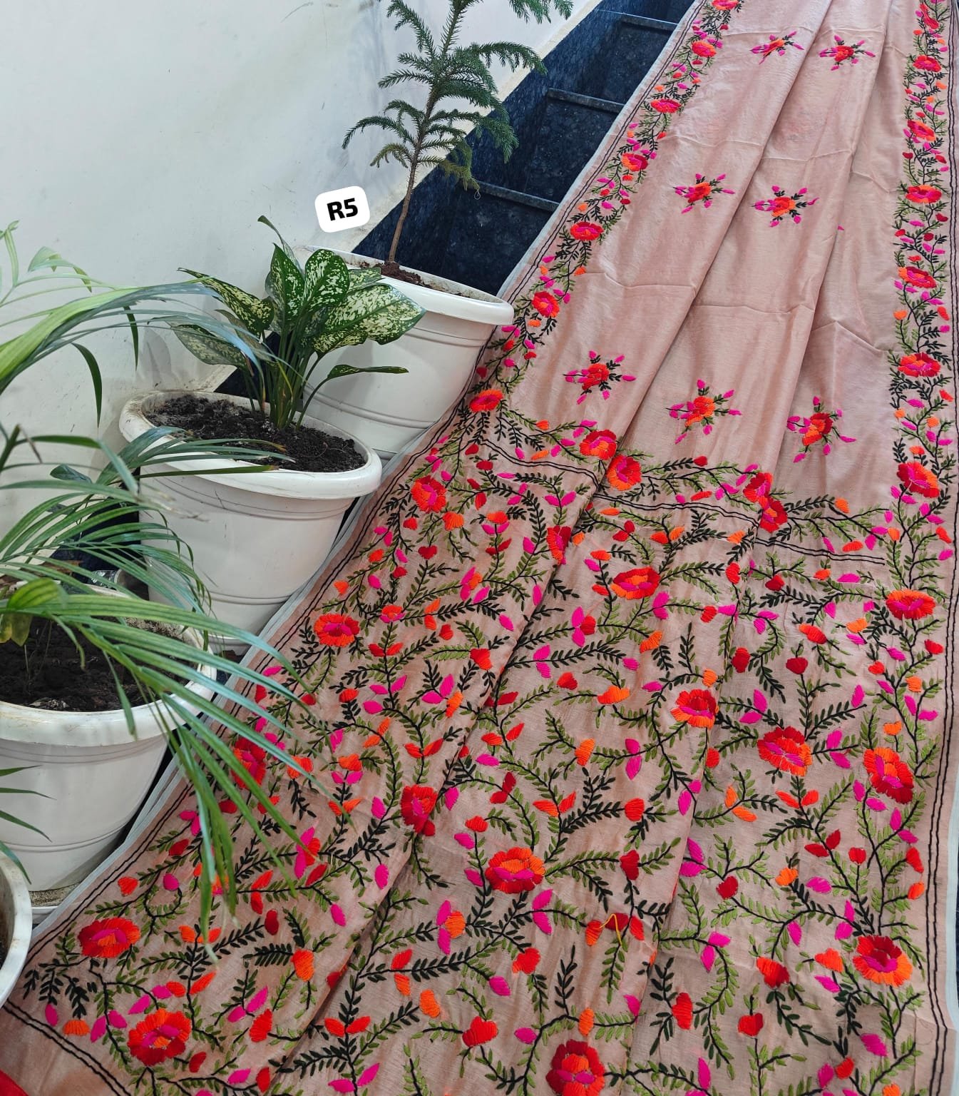 4 Linen Chanderi Saree Fulkari work image 13