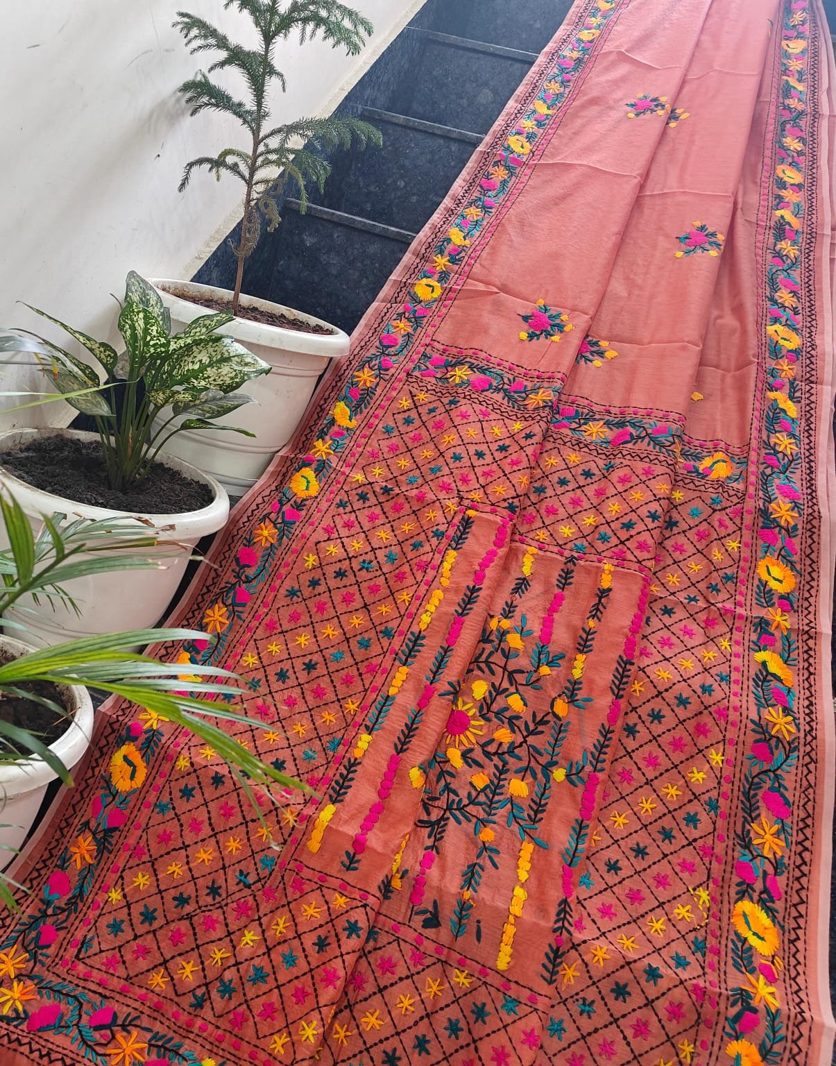 3 Linen Chanderi Saree Fulkari work image 9