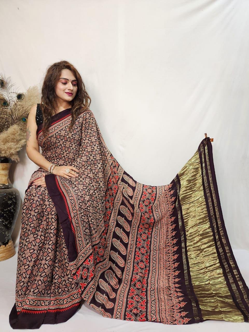 1 Pure Gajji Modal Ajrakh Saree with Lagdi patta