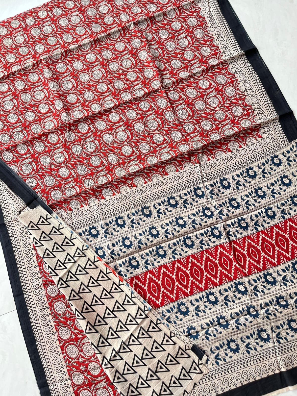 Hand Block Printed Cotton Mul Sarees Red image 14