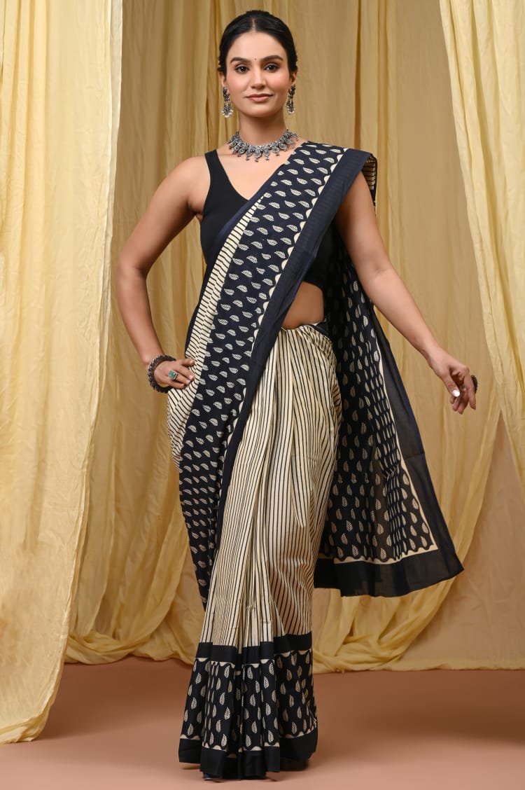 Hand Block Printed Cotton Mul Sarees Black and White