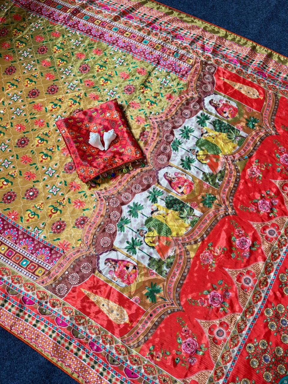 2 Roman Silk With Digital Print And All Saree Real Mirror Work image 3