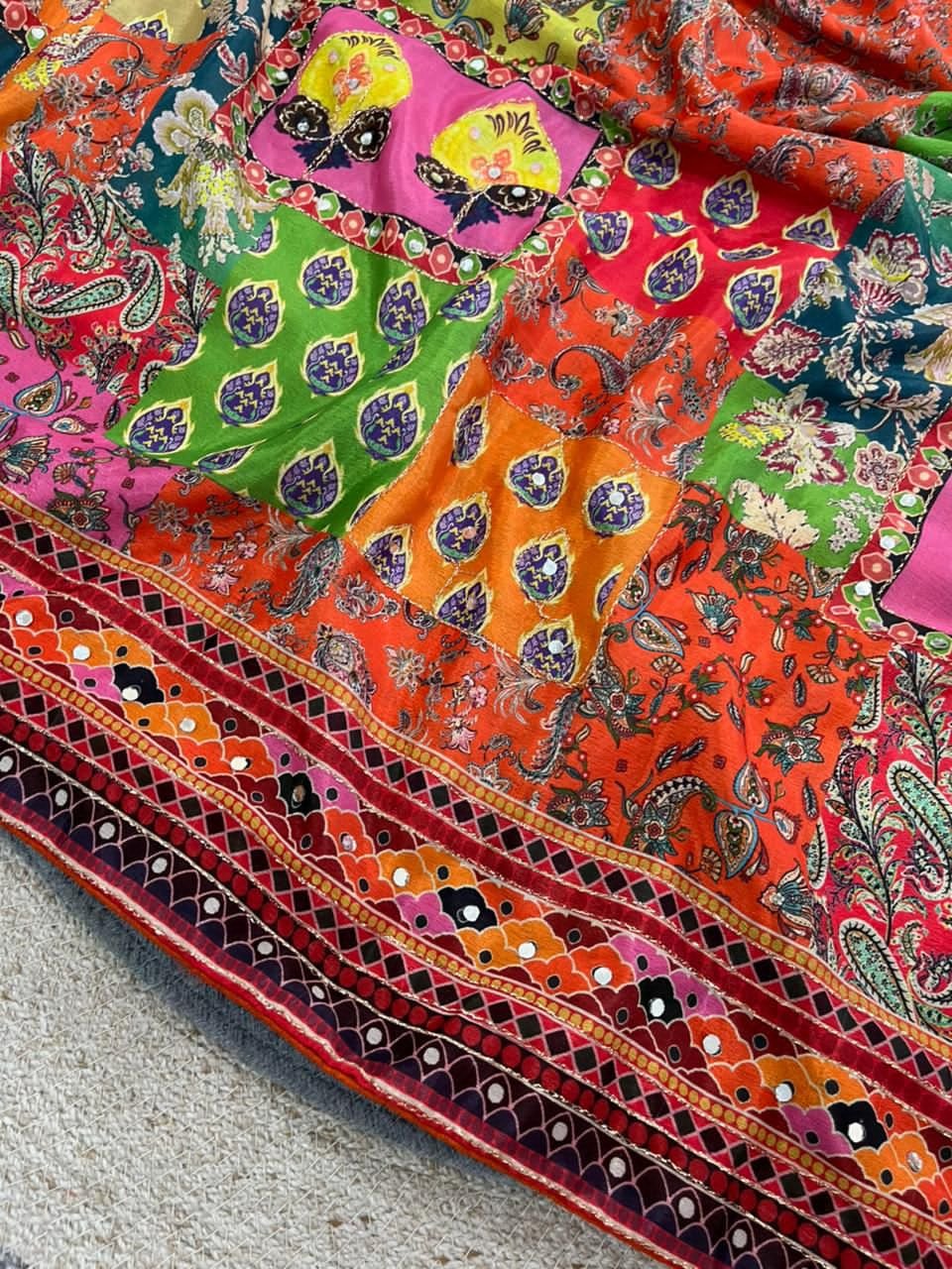 Designer Kalamkari Printed Saree with Real Mirror with Hand Embroidery Work image 6