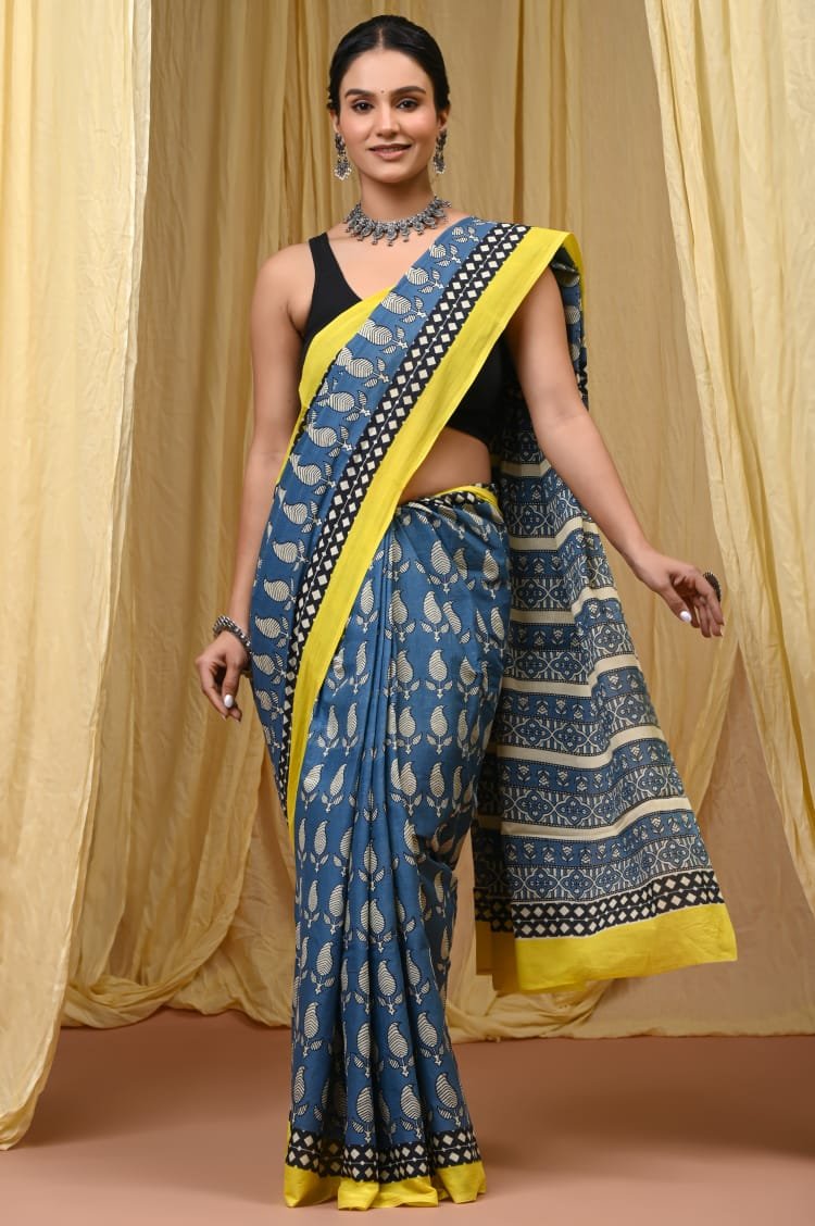 Hand Block Printed Cotton Mul Sarees Indigo Blue image 7