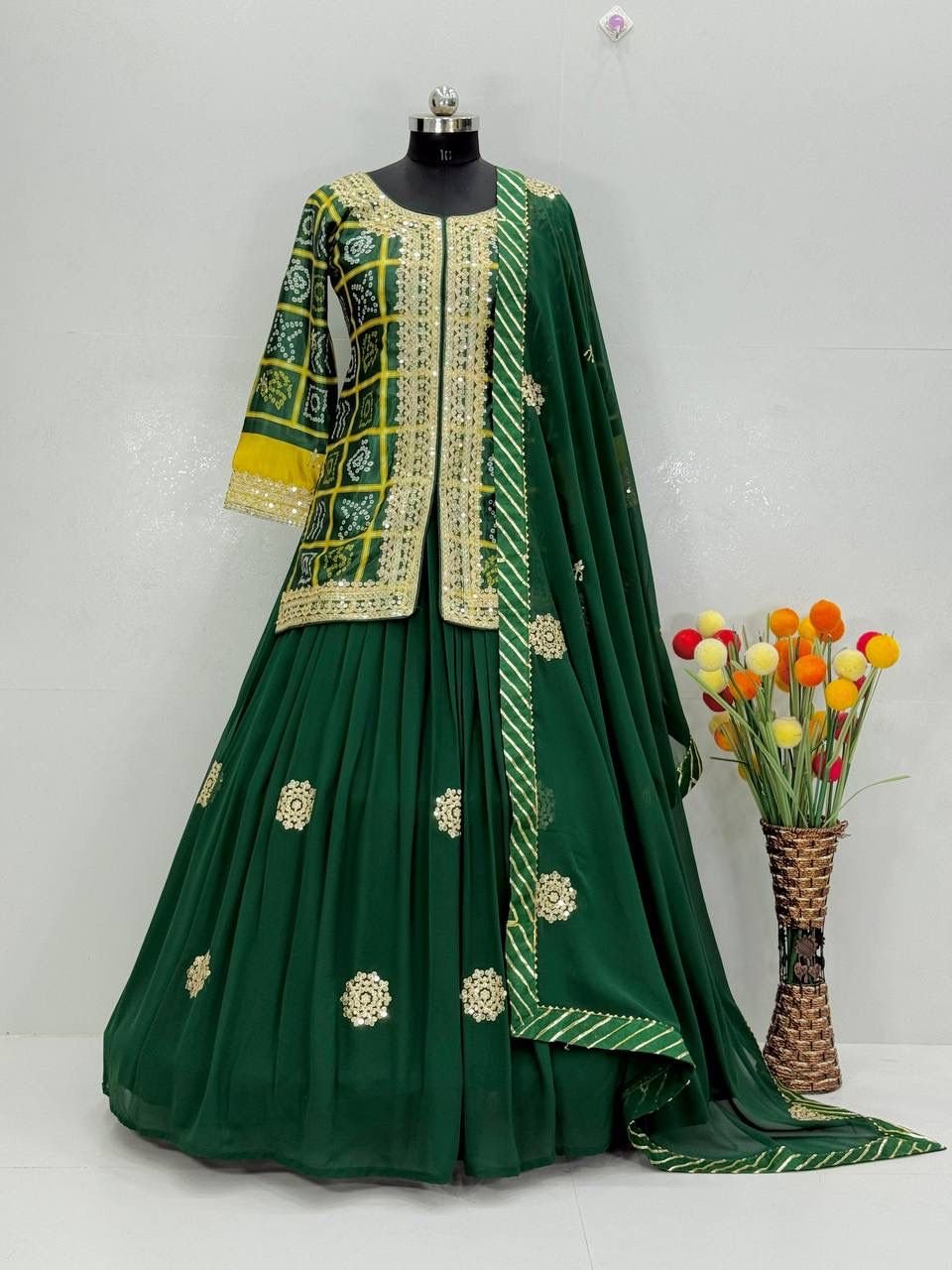 Heavy Chinon Embroidery Coding Sequence Work Top With Lehengas
