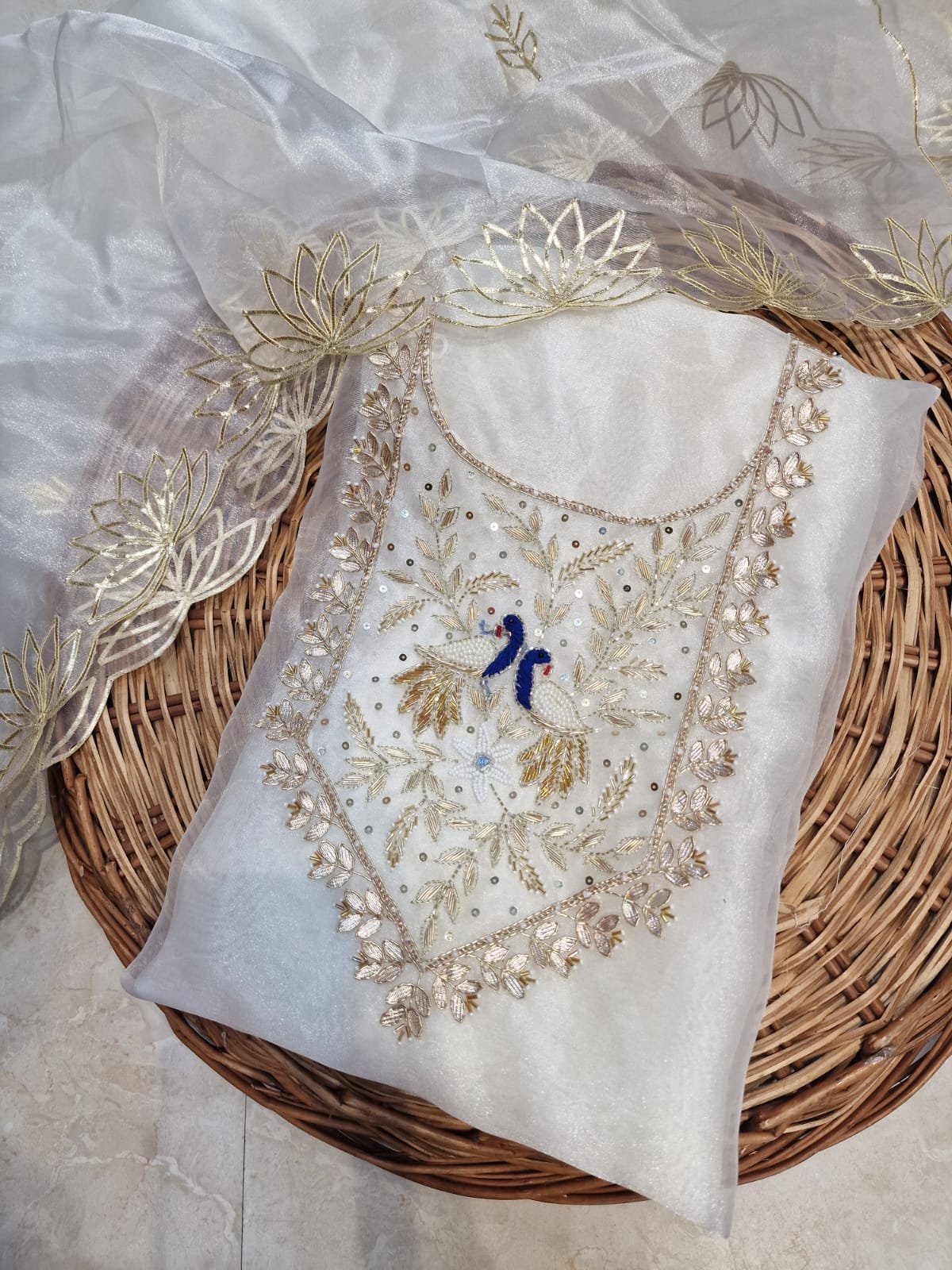 Organza Dress Material with Peacock Motifs