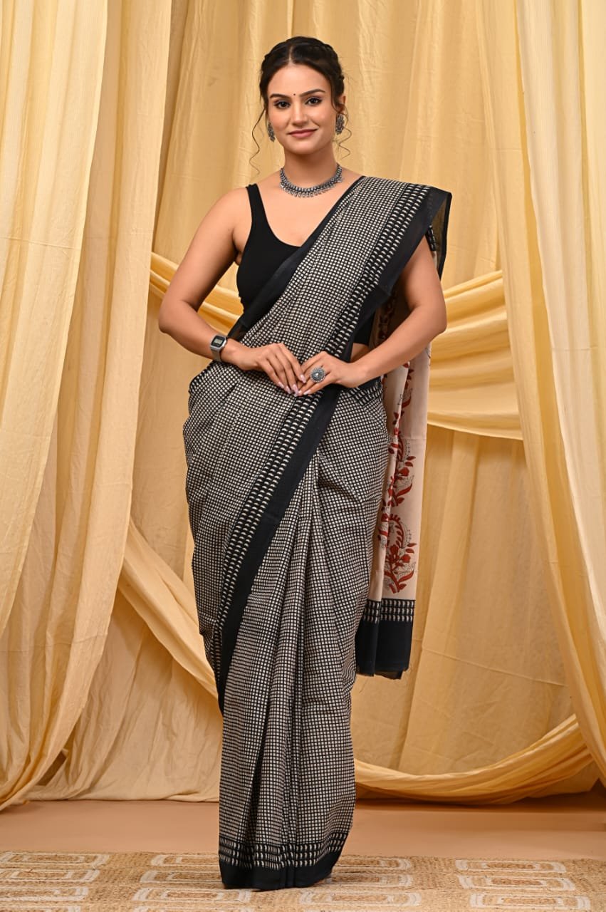 Hand Block Printed Cotton Mul Sarees Black and White image 16