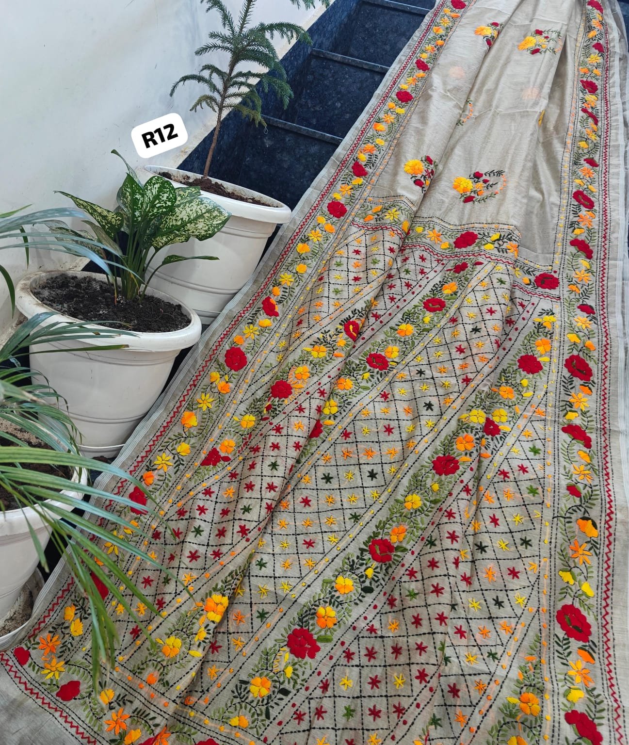 4 Linen Chanderi Saree Fulkari work image 8